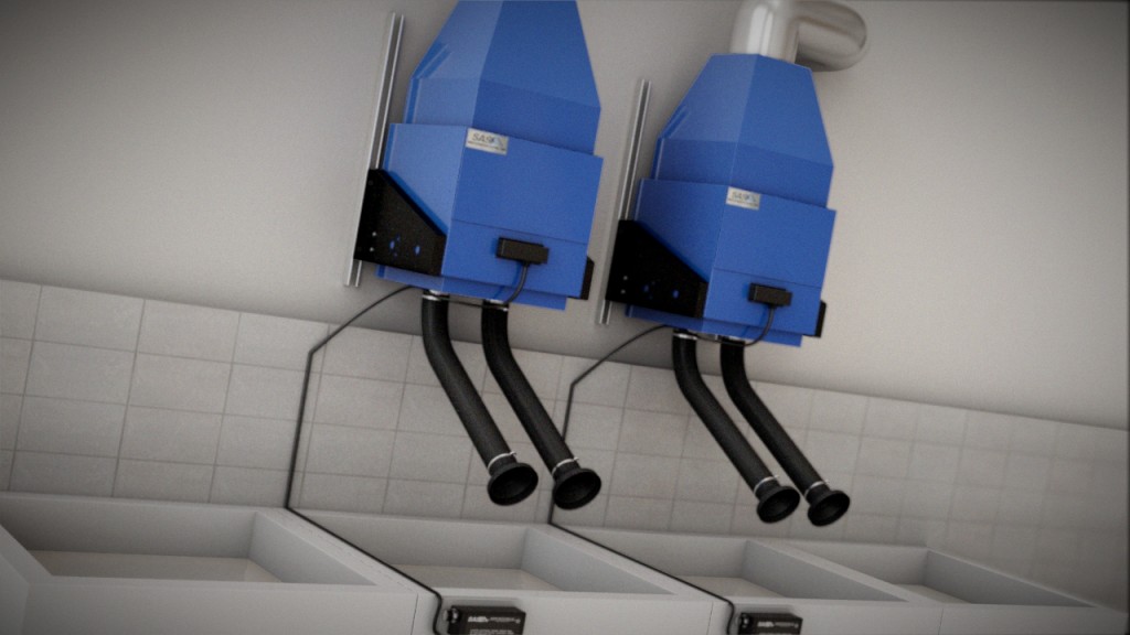 In this conceptual drawing, which reflects the customer's situation, each unit's flex arms can be appropriately positioned to provide chemical fume extraction for four acetone cleaning stations.