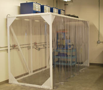 Steel-framed soft-sided walk-in ductless containment hood with four Model 400 air purification units, a custom design.